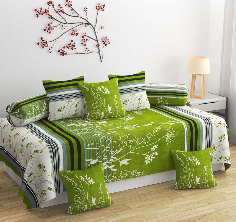 Gurnoor Gurnoor Soft Microfiber Diwan Set Covers 8 Pieces Lotus Design Diwan Set 1 Single Bedsheet 2 Bolster Covers 5 Cushion Covers Green  - Image 1