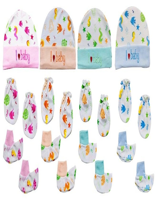 Bigbought New Born Baby Infant Soft Cotton Mitten Sets with Cap and Booties (Set of 4 Multicolour - Image 1