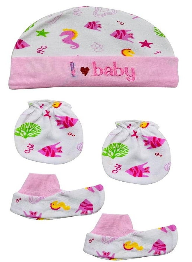 Bigbought New Born Baby Infant Soft Cotton Mitten Sets with Cap and Booties (Set of 4 Multicolour - Image 2