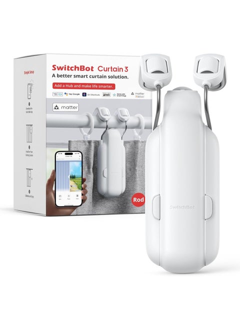 SwitchBot Automatic Curtain Opener - Bluetooth Remote Control Smart Curtain with App/Timer, Upgraded High-Performance Motor, Add SwitchBot Hub to Work with Alexa, Google Home, HomeKit (Curtain 3, Rod)