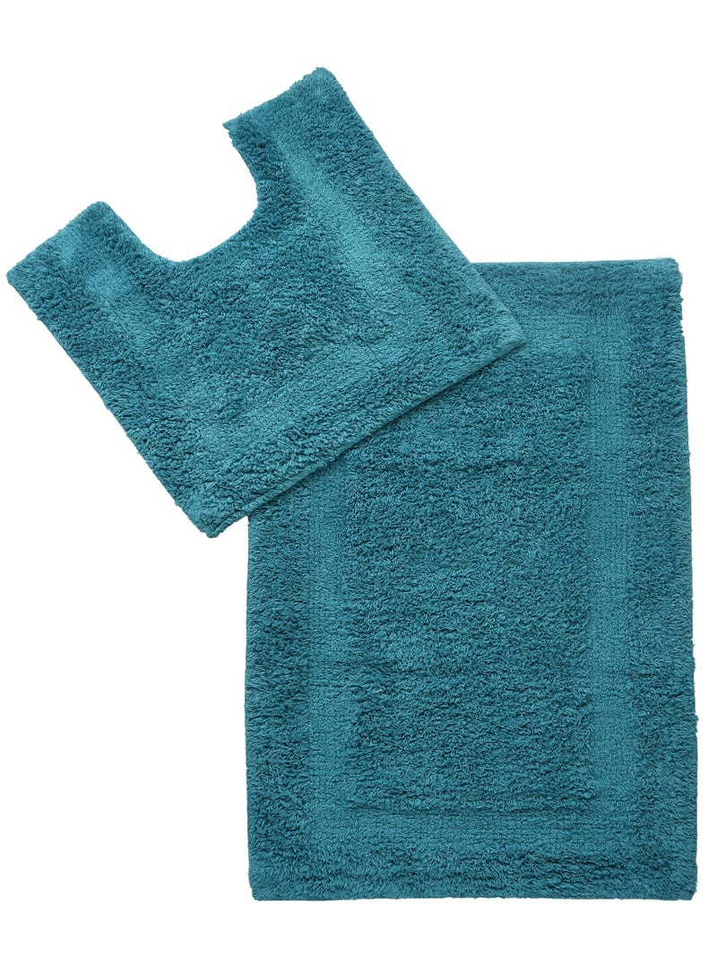 SASHAA WORLD Solid Anti-Skid Cotton Bathmat and Contour Set for Bathroom| Ultra Soft & Absorbent, Tufted Weave | Anti-Slip Latex Backing, Includes Contour Mat and Rectangle Mat | 50x80 cm Blue - Image 1