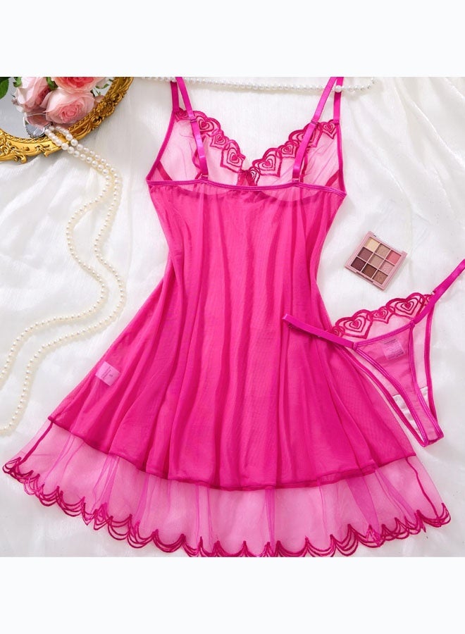 2pcs Women Hot Pink Heart Embroidery Semi-Sheer Mesh Nightgown Set, Cute Camisole Slip Dress With Matching Thong - Image 3