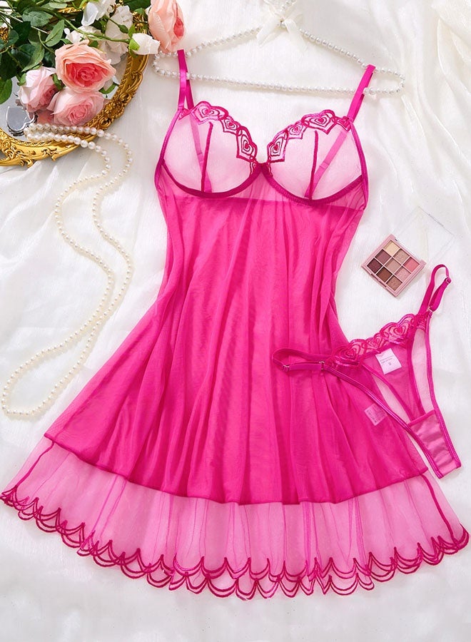 2pcs Women Hot Pink Heart Embroidery Semi-Sheer Mesh Nightgown Set, Cute Camisole Slip Dress With Matching Thong - Image 1
