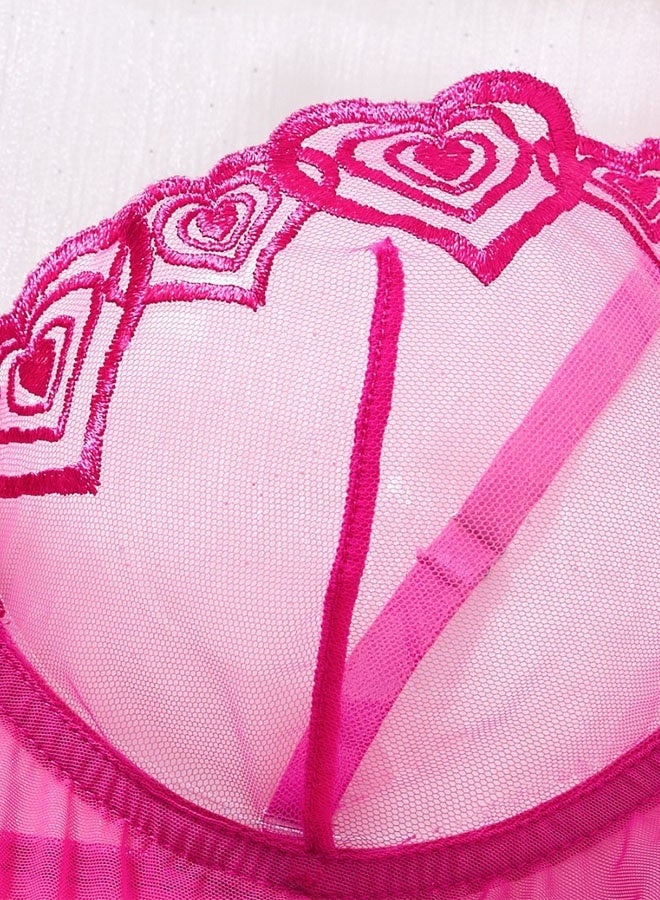 2pcs Women Hot Pink Heart Embroidery Semi-Sheer Mesh Nightgown Set, Cute Camisole Slip Dress With Matching Thong - Image 4