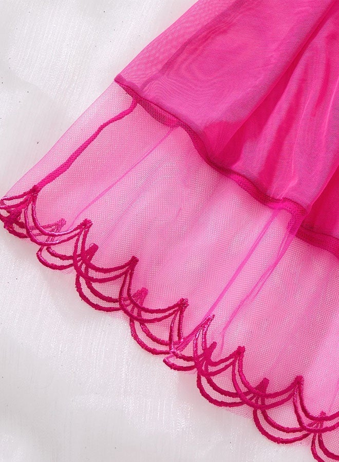 2pcs Women Hot Pink Heart Embroidery Semi-Sheer Mesh Nightgown Set, Cute Camisole Slip Dress With Matching Thong - Image 5