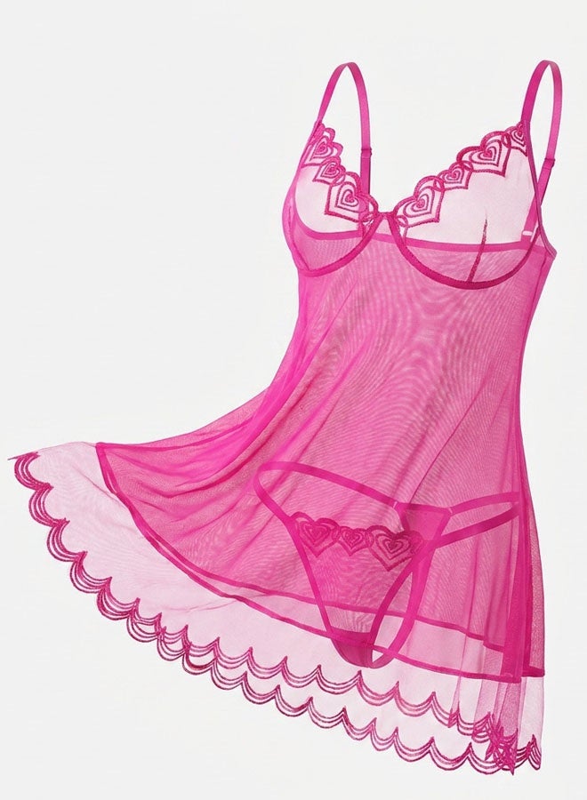 2pcs Women Hot Pink Heart Embroidery Semi-Sheer Mesh Nightgown Set, Cute Camisole Slip Dress With Matching Thong - Image 2