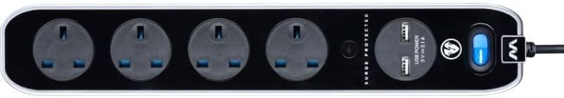 MASTERPLUG High Gloss Surge Protected 4 In-Line Socket Extension with 2 USB Ports (Black, 4M) - Image 3