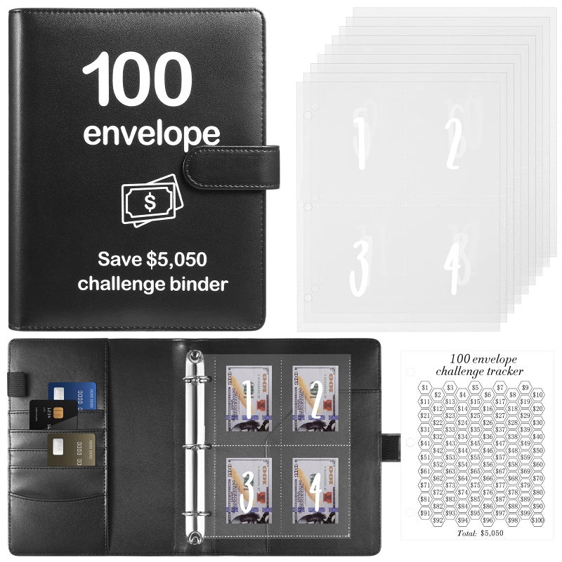 Pemocyny 100 Envelopes Money Saving Challenge Binder with Reusable Laminated Tracker, Budget Book with Cash Envelopes, Easy and Fun Way to Save $5,050 (Blue) - Image 1