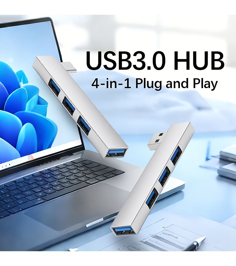 Universal USB C Hub 3.0 With Side Plug For PC Tablet Space Saving Silver - Image 1