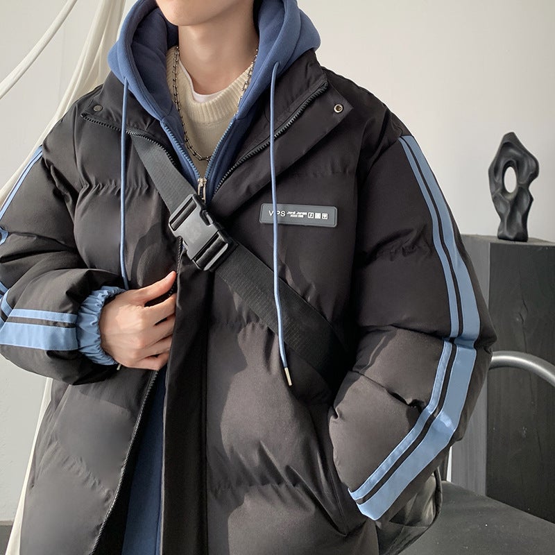 American Style Two-Piece Illusion Cotton-Padded Jacket Blazer For Men Autumn Winter 2024 New Teenage School Campus Style Color B Black 