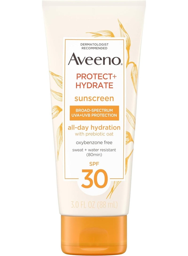 Aveeno Protect + Hydrate Moisturizing Sunscreen Lotion with Broad Spectrum SPF 30 & Prebiotic Oat, Weightless Sweat & Water-Resistant Full Body Sunscreen, Oxybenzone-Free, 3.0 fl. oz - Image 1