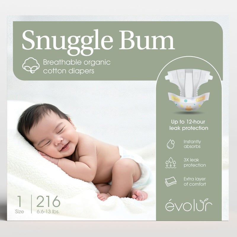 Evolur Snuggle Bum Baby Diapers - Size 1, 216 Count, for Newborns (6.6 lbs - 13 lbs), Ulta Absorbent Diapers Newborn Baby - Image 1