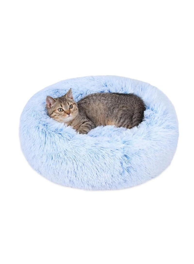 سرير ناعم للحيوانات الأليفة للقطط والكلاب الصغيرة - حجم صغير (أزرق) | سرير ناعم على شكل دونات مُهدئ من الفرو الصناعي بقاعدة مانعة للانزلاق - Image 1