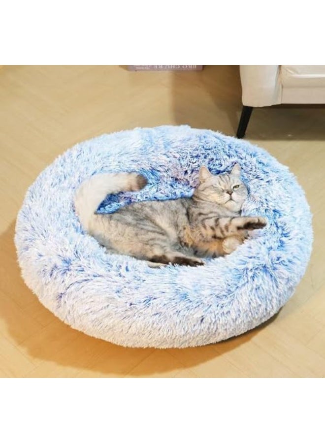 سرير ناعم للحيوانات الأليفة للقطط والكلاب الصغيرة - حجم صغير (أزرق) | سرير ناعم على شكل دونات مُهدئ من الفرو الصناعي بقاعدة مانعة للانزلاق - Image 2