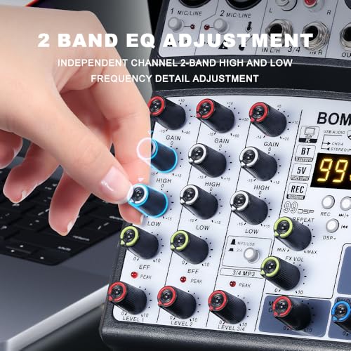 BOMGE 04D portable bluetooth 4 Channel DJ audio sound mixer mixing console with usb interface, 48V Phantom Power input, 16 Echo effects for recording, live streaming, singing (Black) - Image 3
