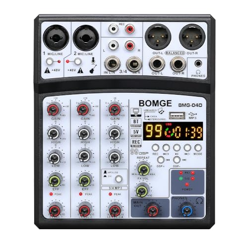 BOMGE 04D portable bluetooth 4 Channel DJ audio sound mixer mixing console with usb interface, 48V Phantom Power input, 16 Echo effects for recording, live streaming, singing (Black) - Image 1