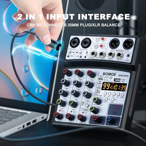 BOMGE 04D portable bluetooth 4 Channel DJ audio sound mixer mixing console with usb interface, 48V Phantom Power input, 16 Echo effects for recording, live streaming, singing (Black) - Image 2