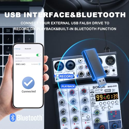 BOMGE 04D portable bluetooth 4 Channel DJ audio sound mixer mixing console with usb interface, 48V Phantom Power input, 16 Echo effects for recording, live streaming, singing (Black) - Image 5