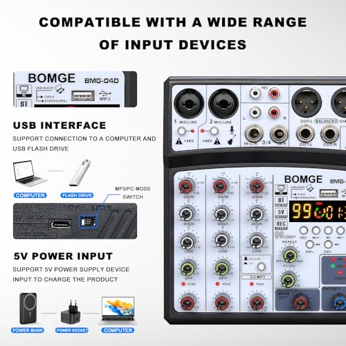 BOMGE 04D portable bluetooth 4 Channel DJ audio sound mixer mixing console with usb interface, 48V Phantom Power input, 16 Echo effects for recording, live streaming, singing (Black) - Image 4