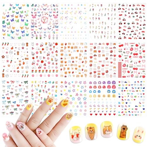 Allstarry Nail Stickers for Kids, 15 Sheets Kids Nail Stickers for Girls Self-Adhesive Nail Decals Cute Animal Fruit Bow Flower Heart Star Sticker Birthday Christmas Gift - Image 1