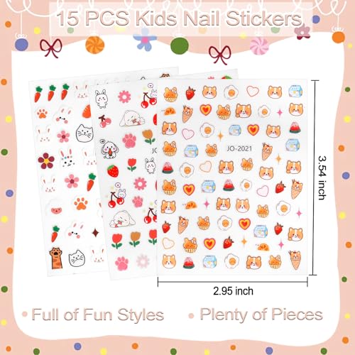 Allstarry Nail Stickers for Kids, 15 Sheets Kids Nail Stickers for Girls Self-Adhesive Nail Decals Cute Animal Fruit Bow Flower Heart Star Sticker Birthday Christmas Gift - Image 2