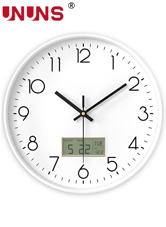 UNUNS Plastic Frame Wall Clock,Green Rose Gold Frame Digital Wall Clock With Date And Temperature,12 Inch Non-Ticking Round Wall Clock For Home,Decorative Wall Clocks,White  - Image 1