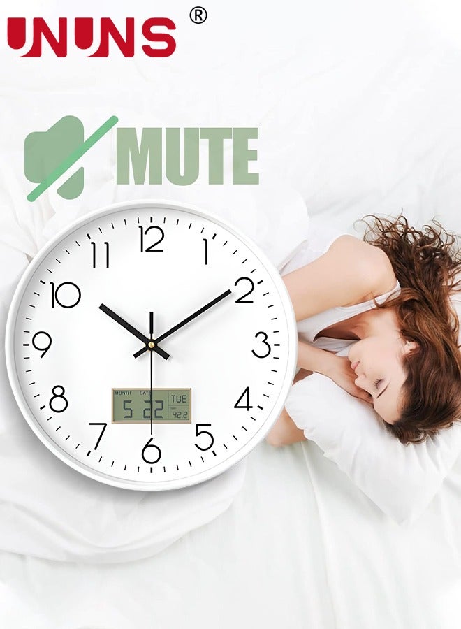UNUNS Plastic Frame Wall Clock,Green Rose Gold Frame Digital Wall Clock With Date And Temperature,12 Inch Non-Ticking Round Wall Clock For Home,Decorative Wall Clocks,White  - Image 2