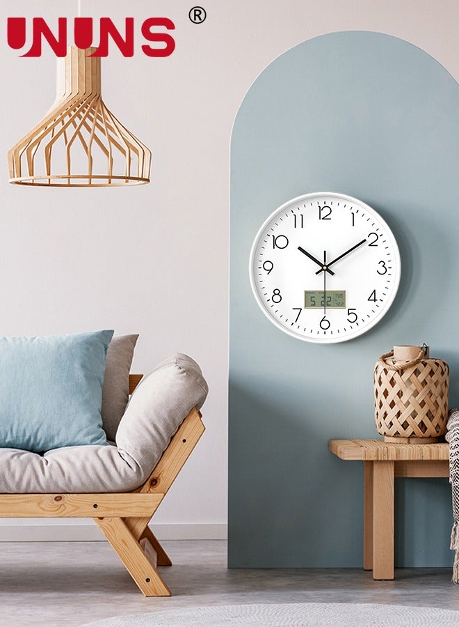 UNUNS Plastic Frame Wall Clock,Green Rose Gold Frame Digital Wall Clock With Date And Temperature,12 Inch Non-Ticking Round Wall Clock For Home,Decorative Wall Clocks,White  - Image 5