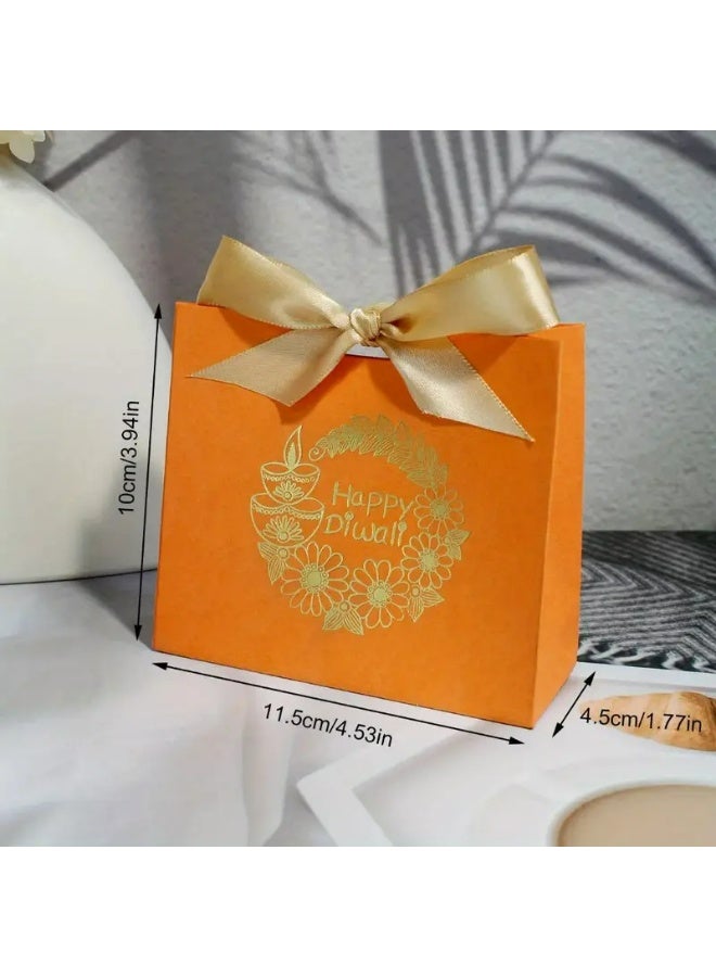 KANDiD Happy Diwali Gift Box with Gold Floral Design, Orange Paper Bag with Satin Bow (Orange box, 5pcs) - Image 4