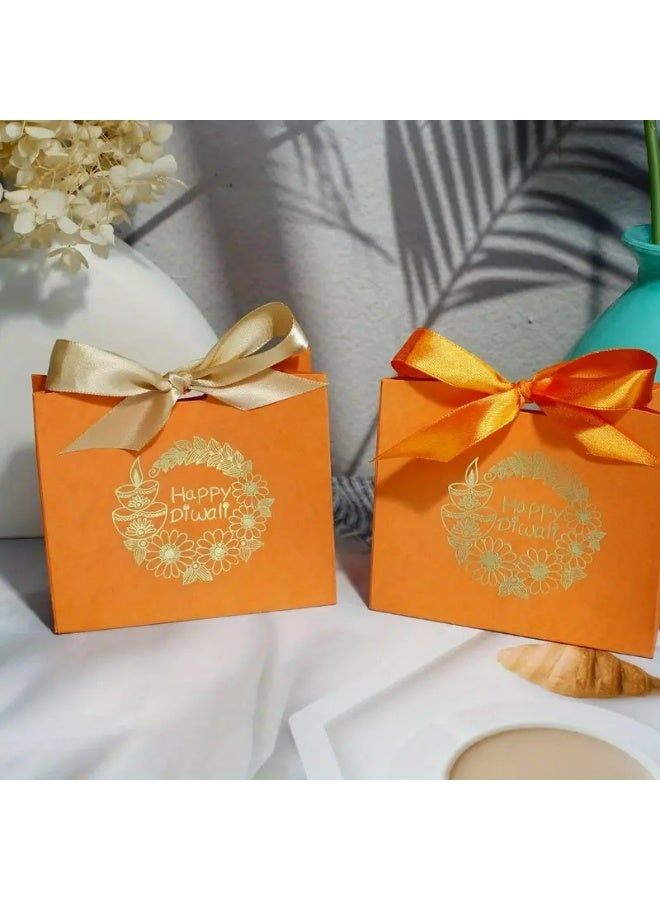 KANDiD Happy Diwali Gift Box with Gold Floral Design, Orange Paper Bag with Satin Bow (Orange box, 5pcs) - Image 3