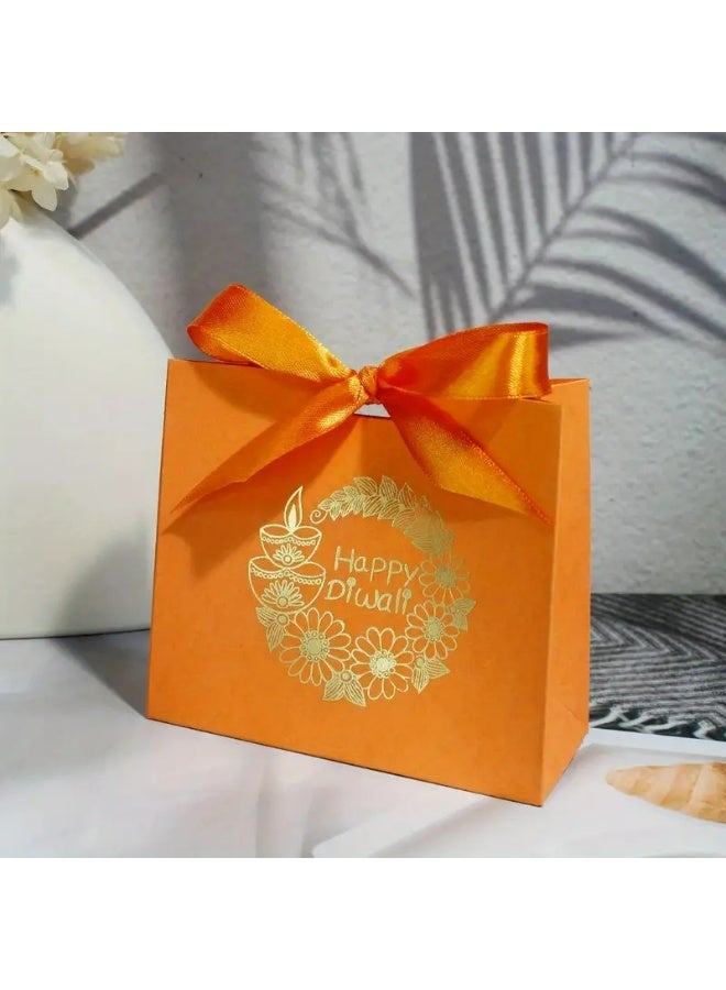 KANDiD Happy Diwali Gift Box with Gold Floral Design, Orange Paper Bag with Satin Bow (Orange box, 5pcs) - Image 1