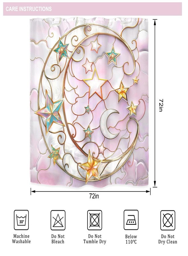 Riyidecor Pink Star Moon Shower Curtain for Bathroom Decor 72Wx72H Celestial Cute Modern Fancy Grily Girls Women Elegant Pastel Pretty Art Printed Fabric Polyester Waterproof 12 Pack Plastic Hooks - Image 5