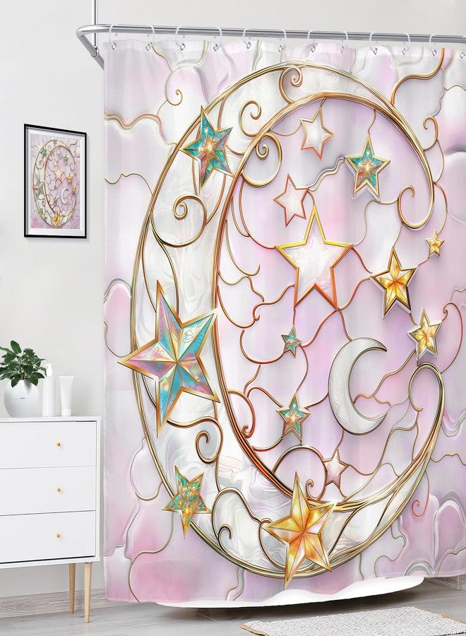 Riyidecor Pink Star Moon Shower Curtain for Bathroom Decor 72Wx72H Celestial Cute Modern Fancy Grily Girls Women Elegant Pastel Pretty Art Printed Fabric Polyester Waterproof 12 Pack Plastic Hooks - Image 3
