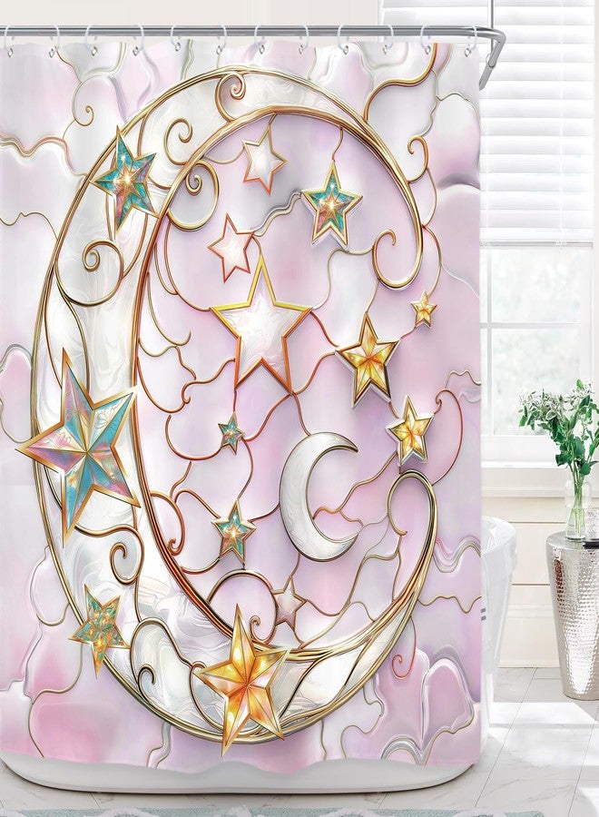 Riyidecor Pink Star Moon Shower Curtain for Bathroom Decor 72Wx72H Celestial Cute Modern Fancy Grily Girls Women Elegant Pastel Pretty Art Printed Fabric Polyester Waterproof 12 Pack Plastic Hooks - Image 1
