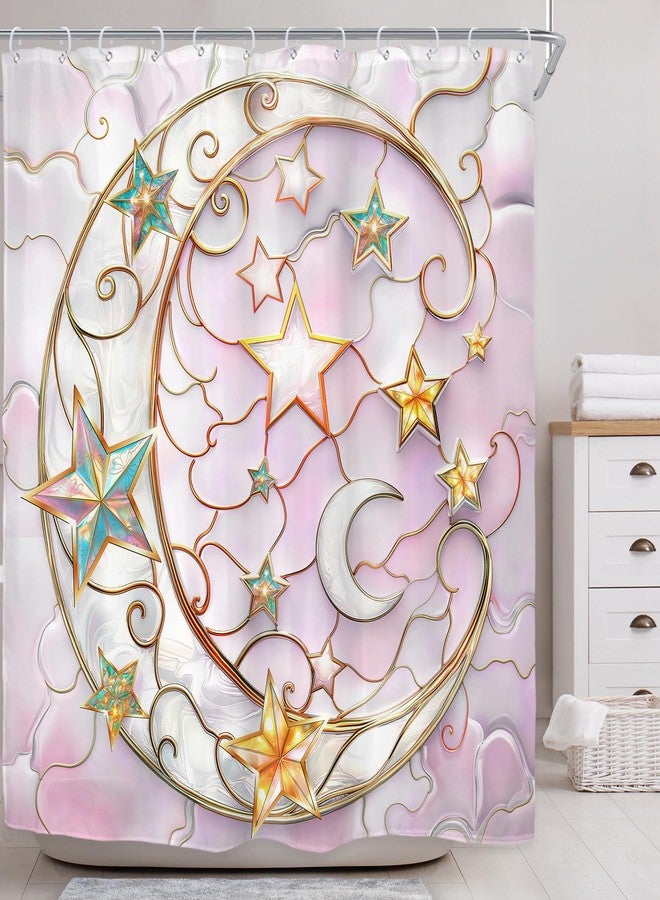 Riyidecor Pink Star Moon Shower Curtain for Bathroom Decor 72Wx72H Celestial Cute Modern Fancy Grily Girls Women Elegant Pastel Pretty Art Printed Fabric Polyester Waterproof 12 Pack Plastic Hooks - Image 2