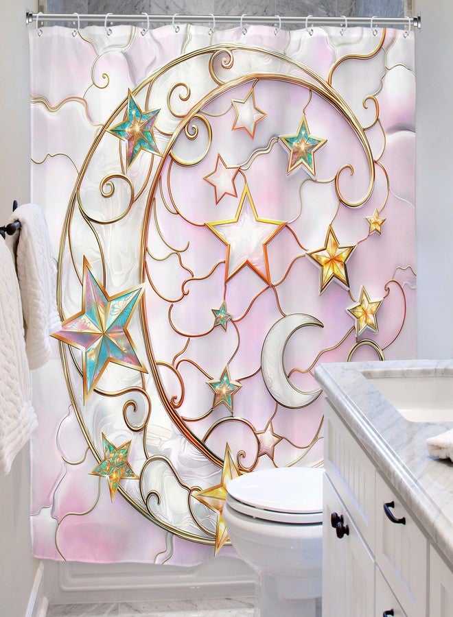 Riyidecor Pink Star Moon Shower Curtain for Bathroom Decor 72Wx72H Celestial Cute Modern Fancy Grily Girls Women Elegant Pastel Pretty Art Printed Fabric Polyester Waterproof 12 Pack Plastic Hooks - Image 4