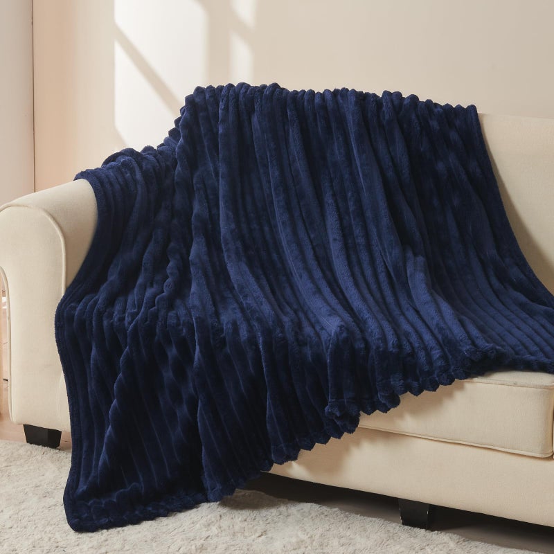 NEWCOSPLAY Super Soft Throw Blanket Dark Navy Premium Silky Flannel Fleece 3D Ribbed Jacquard Lightweight Bed Blanket All Season Use (Dark Navy Ribbed, Throw(50"x60")) - Image 3
