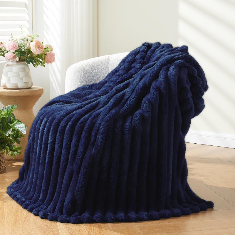NEWCOSPLAY Super Soft Throw Blanket Dark Navy Premium Silky Flannel Fleece 3D Ribbed Jacquard Lightweight Bed Blanket All Season Use (Dark Navy Ribbed, Throw(50"x60")) - Image 1