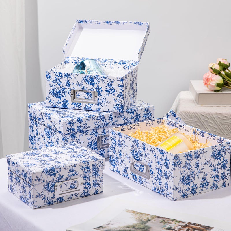 Briful Blue and white Porcelain Storage Boxes, Photos Storage Boxes with Lids 4 in 1 Set Water-proof Gift Boxes Sets Decorative Multiple Size Storage Bins for Clothes/Office/Christmas Decorations - Image 4