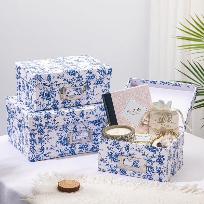 Briful Blue and white Porcelain Storage Boxes, Photos Storage Boxes with Lids 4 in 1 Set Water-proof Gift Boxes Sets Decorative Multiple Size Storage Bins for Clothes/Office/Christmas Decorations - Image 3