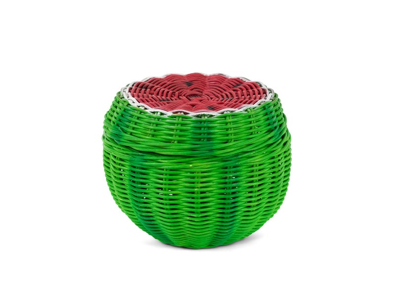 G6 COLLECTION Watermelon Rattan Storage Basket with Lid Decorative Bin Home Decor Hand Woven Shelf Organizer Cute Handmade Handcrafted Gift Art Decoration Artwork Wicker Watermelon