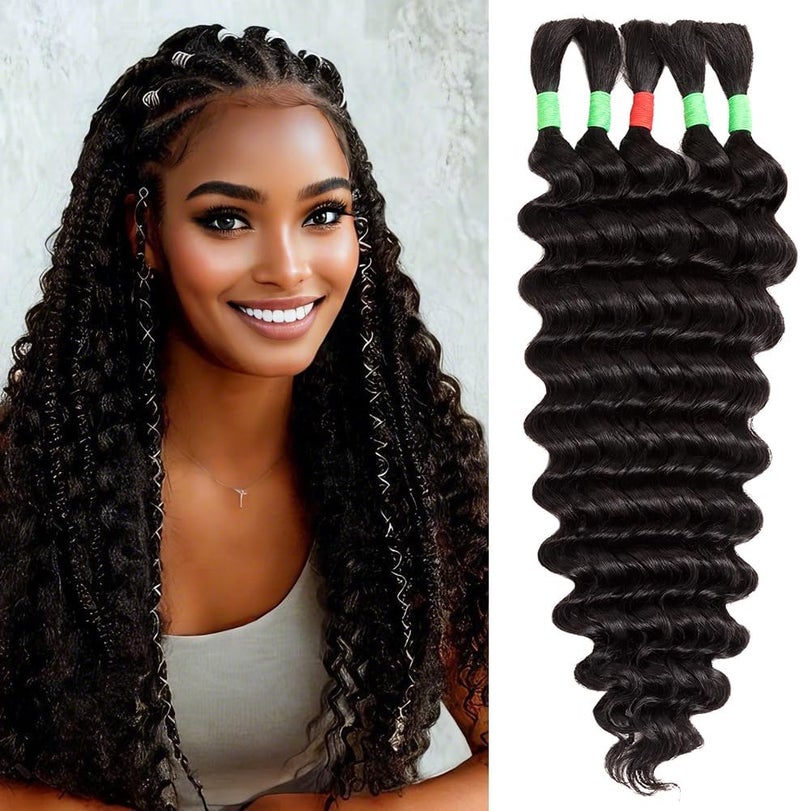 Aiokrtse Human Braiding Hair Deep Wave Hair Bulk Human Hair for Braiding No Weft 5 Bundles Total 100g 10A Peruvian Curly Human Hair Extensions for Boho Braids Wet and Wavy Natural Color - Image 1