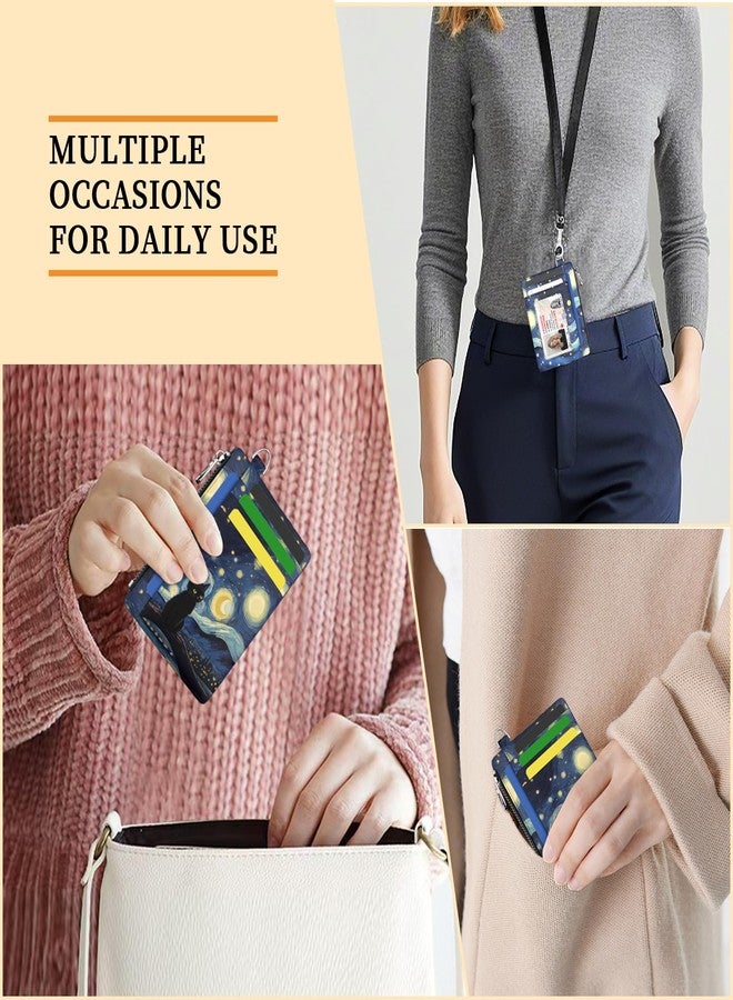 محفظة هانسينير النحيفة للنساء، حامل بطاقات ائتمان، مزودة بتقنية RFID، حافظة بطاقات صغيرة، جيب أمامي، جلد PU، رفيعة، سحاب للسفر، نافذة للعملات المعدنية والنقدية وبطاقة الهوية، هدية مثالية للفتيات، قطة سوداء في ليلة مرصعة بالنجوم، قطة سوداء مرصعة بالنجوم - Image 3