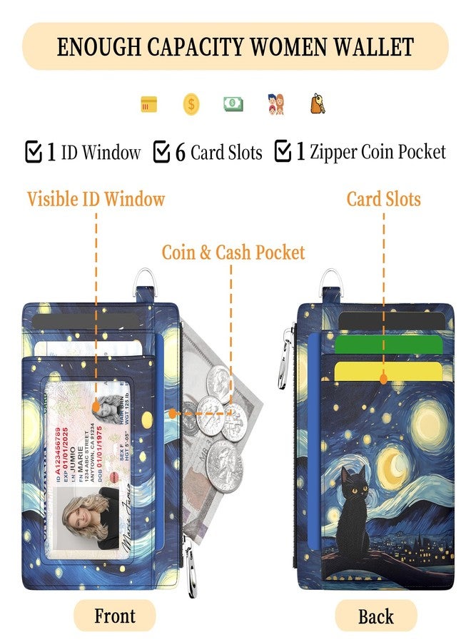 محفظة هانسينير النحيفة للنساء، حامل بطاقات ائتمان، مزودة بتقنية RFID، حافظة بطاقات صغيرة، جيب أمامي، جلد PU، رفيعة، سحاب للسفر، نافذة للعملات المعدنية والنقدية وبطاقة الهوية، هدية مثالية للفتيات، قطة سوداء في ليلة مرصعة بالنجوم، قطة سوداء مرصعة بالنجوم - Image 4