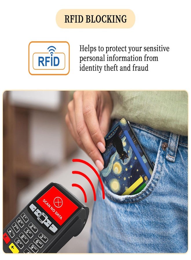 محفظة هانسينير النحيفة للنساء، حامل بطاقات ائتمان، مزودة بتقنية RFID، حافظة بطاقات صغيرة، جيب أمامي، جلد PU، رفيعة، سحاب للسفر، نافذة للعملات المعدنية والنقدية وبطاقة الهوية، هدية مثالية للفتيات، قطة سوداء في ليلة مرصعة بالنجوم، قطة سوداء مرصعة بالنجوم - Image 5