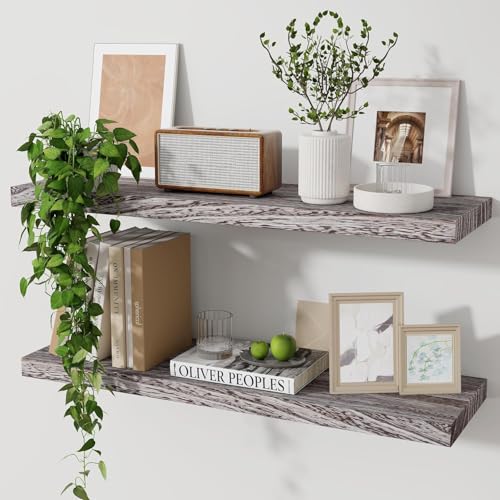 Marsmiles Wood Floating Shelves for Wall Set of 2, 24 Inch Wide Rustic Wooden Floating Shelves, Invisible Wall Mounted Display for Living Room Bedroom Kitchen Bathroom Office, Rustic Brown - Image 1