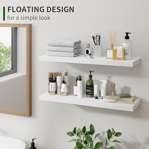 Marsmiles Wood Floating Shelves for Wall Set of 2, 24 Inch Wide Rustic Wooden Floating Shelves, Invisible Wall Mounted Display for Living Room Bedroom Kitchen Bathroom Office, Rustic Brown - Image 2