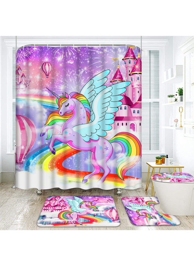 Alishomtll 4 Pcs Unicorn Kids Shower Curtain Set with Memory Foam Bath Mat NonSlip Bathroom Rugs and Toilet Lid Cover Waterproof Pink Rainbow Shower Curtain with Hooks Girls Kids Bathroom Decor Sets 