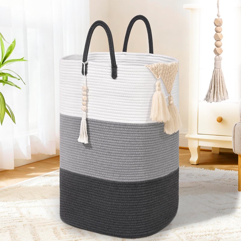 WENMER Woven Laundry Basket for Clothes,65 L Large Rectangle Laundry Hampers with Beads Tassel, Nursery Storage Basket for Toys, Tall Dirty Clothes Hamper for Bedroom Aesthetic, Laundry Room Organization - Image 1