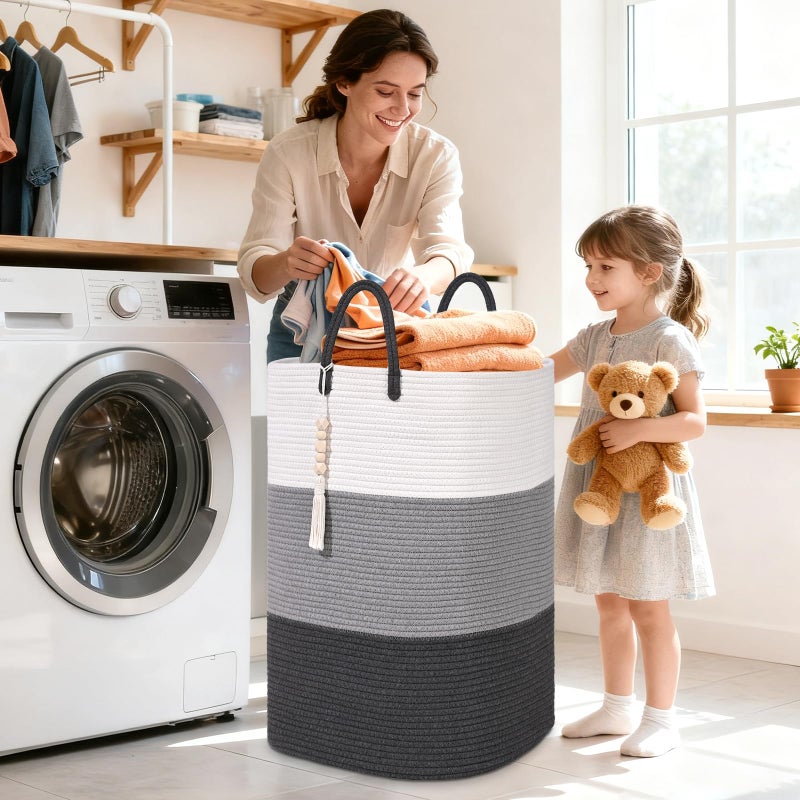 WENMER Woven Laundry Basket for Clothes,65 L Large Rectangle Laundry Hampers with Beads Tassel, Nursery Storage Basket for Toys, Tall Dirty Clothes Hamper for Bedroom Aesthetic, Laundry Room Organization - Image 2